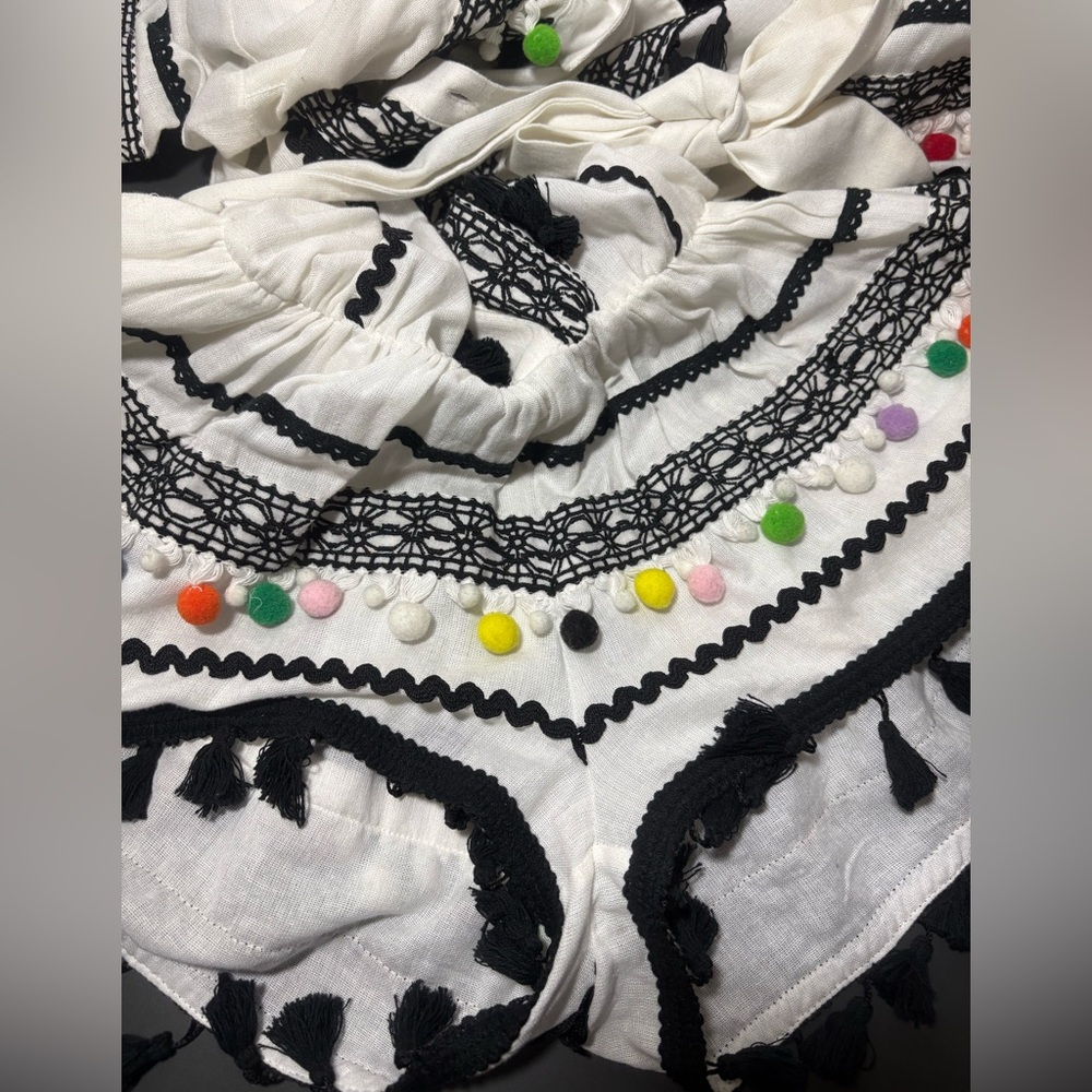 DODO BAR OR Delilah White and Black Embroidered Romper with Colorful Pom Pom - Picture 6 of 9